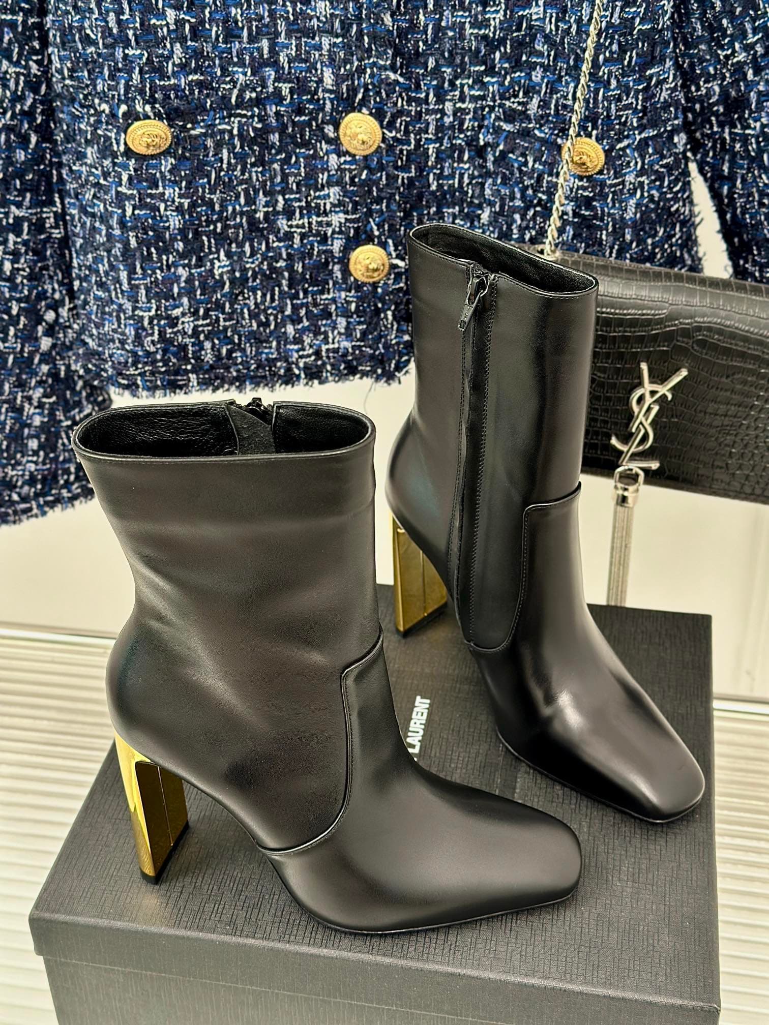 YSL 10cm Square-Toe Block Heel Boots
