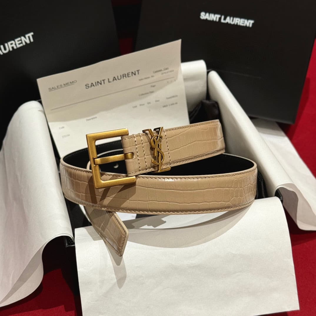 YSL 3.0cm Retro Carved Metal Buckle Belt