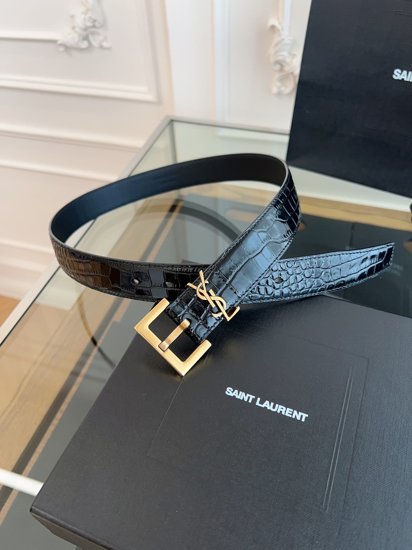 YSL 3.0cm Black Croc-Embossed Leather Belt