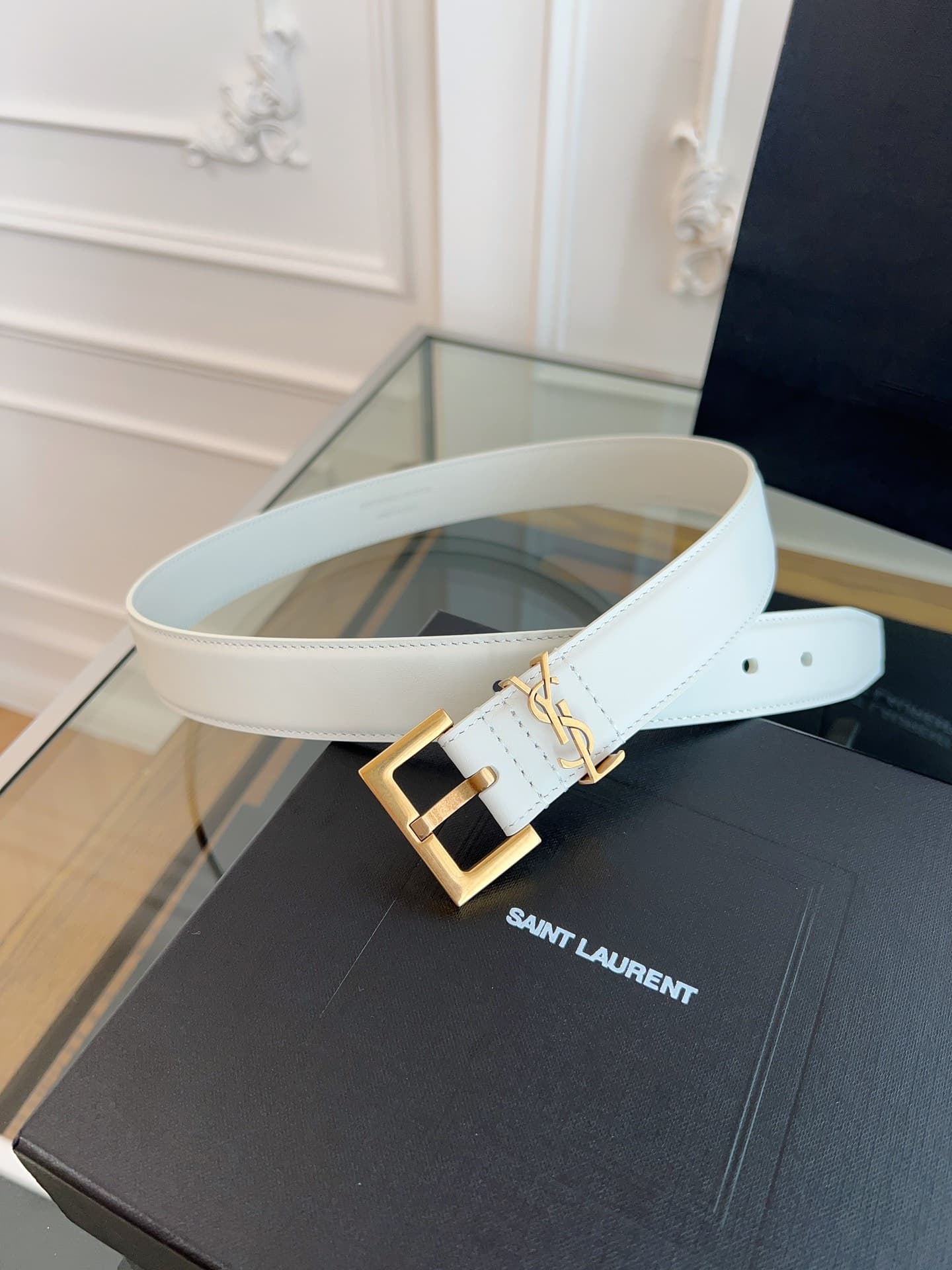 YSL 3.0cm Milkshake White Leather Belt