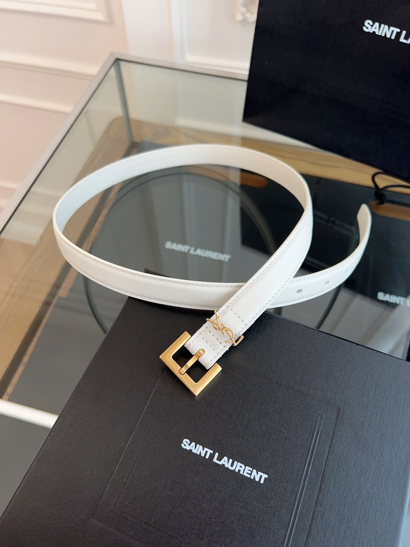 YSL 2.0cm Milkshake White Leather Belt